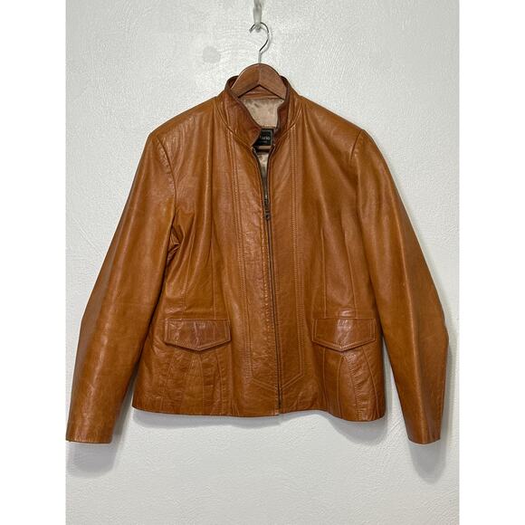 VTG Silvia y Mario Argentina Leather Jacket XL Carmel Mock Collar Full Zip Moto - Picture 1 of 14